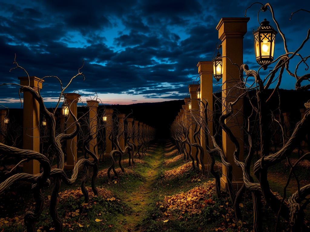 Haunting Vineyard at Dusk in Dark Surrealist Style