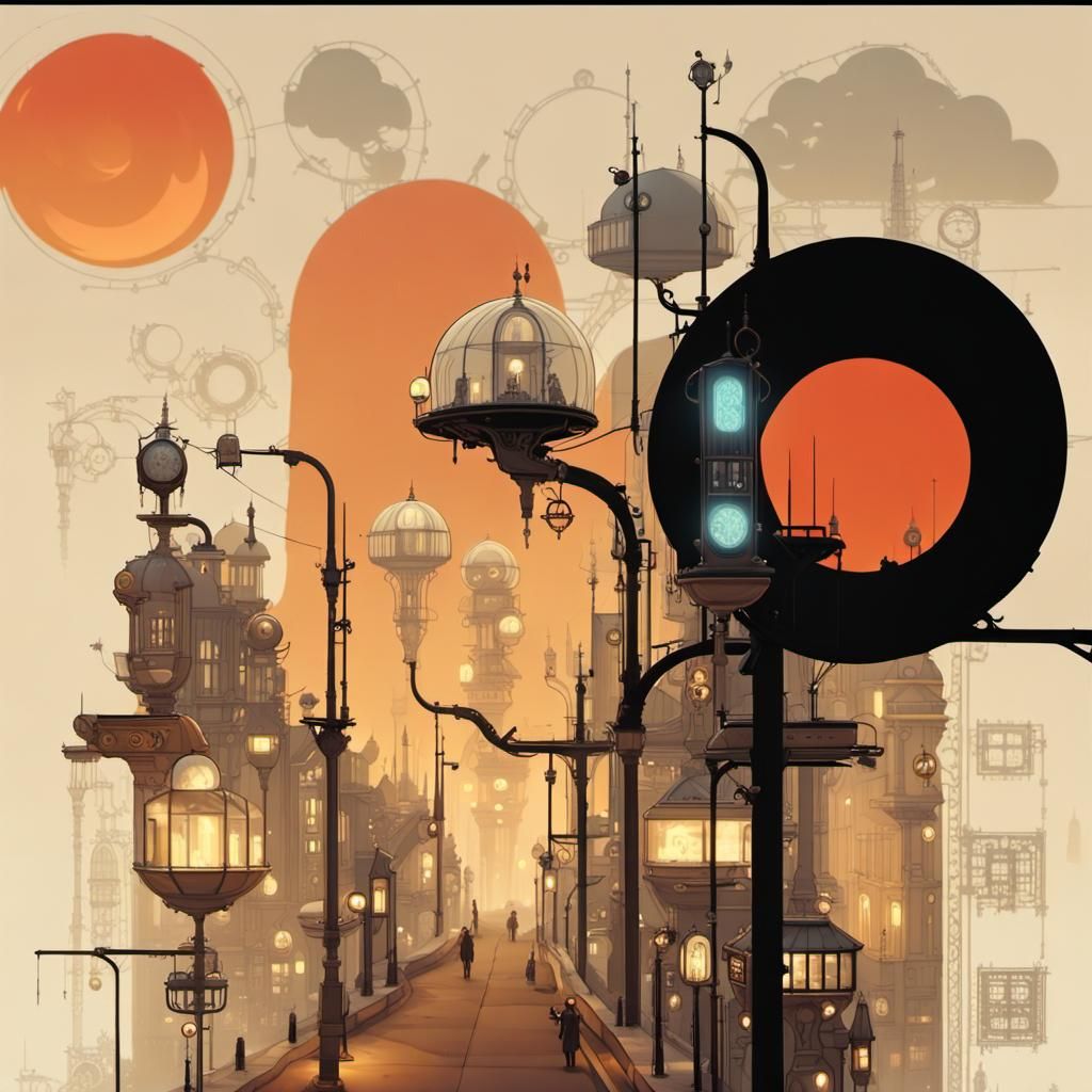 Futuristic Steampunk Cityscape at Night