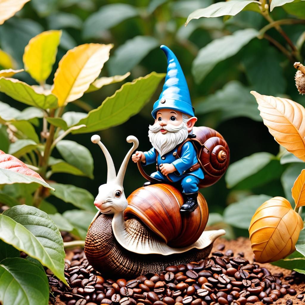 Garden Gnome Rides Snail in Summer Garden