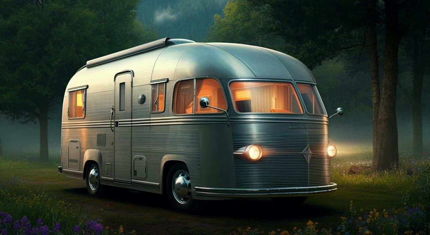 Silver Motorhome in Picturesque Campsite, Photorealistic Sty...