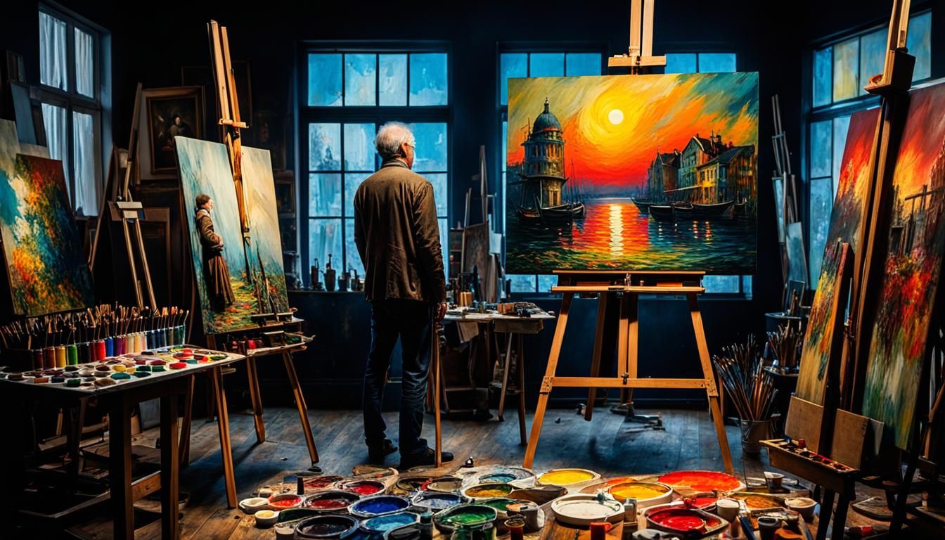 Sad Painter Creating a Masterpiece in Aquarell Style