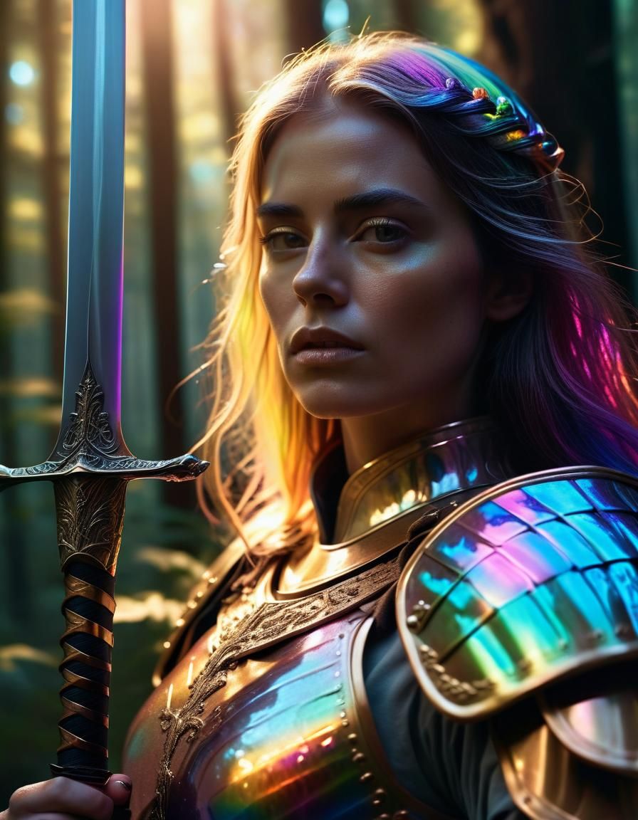 Woman in Rainbow Armor in Dark Forest