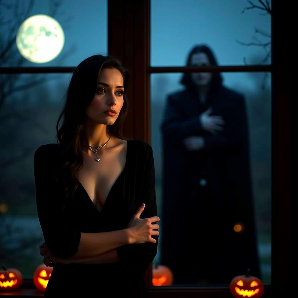 Elegant Woman Worried by Vampire Reflection on Full Moon Nig...