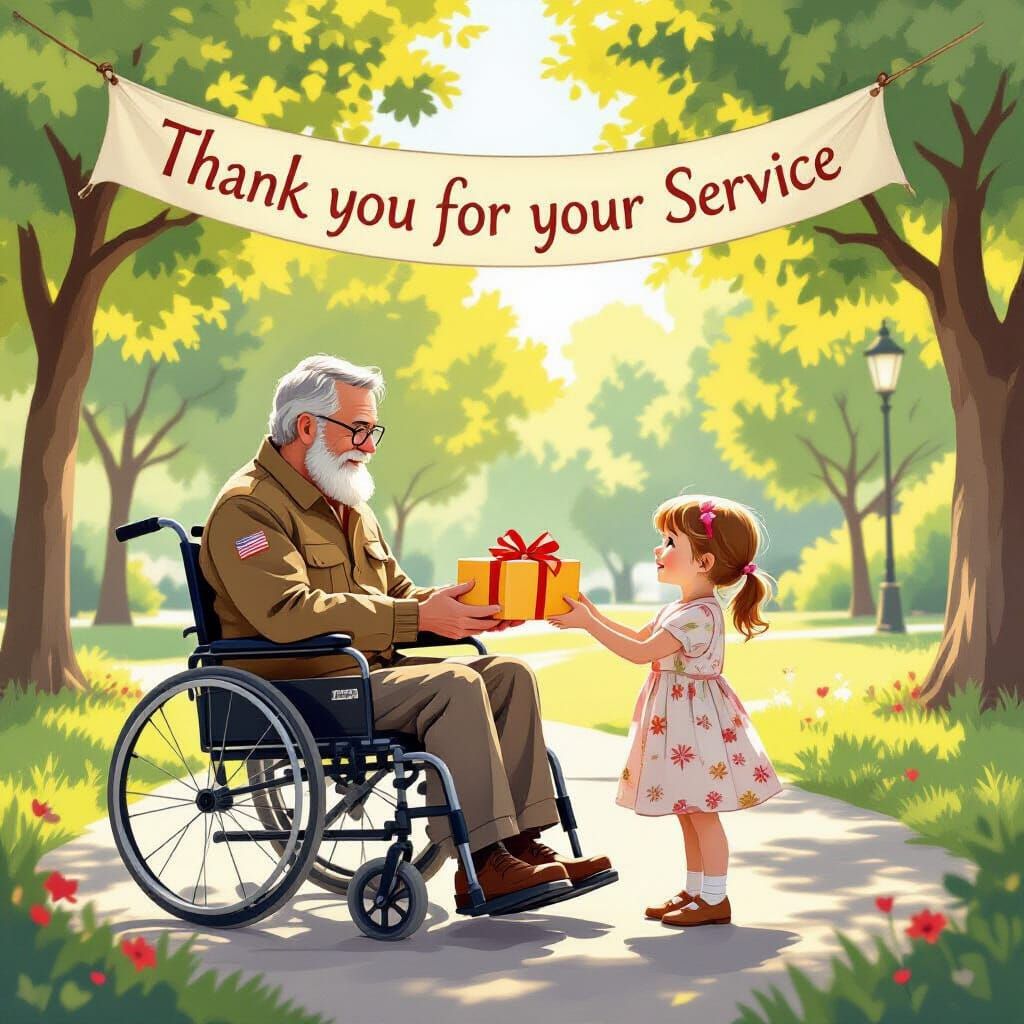 Veteran Receives Gift in Park, Children's Book Style