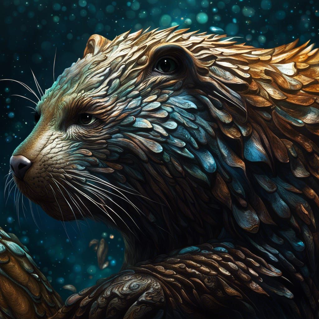 Iridescent Otter Guarding Treasure: Hyperrealistic Art