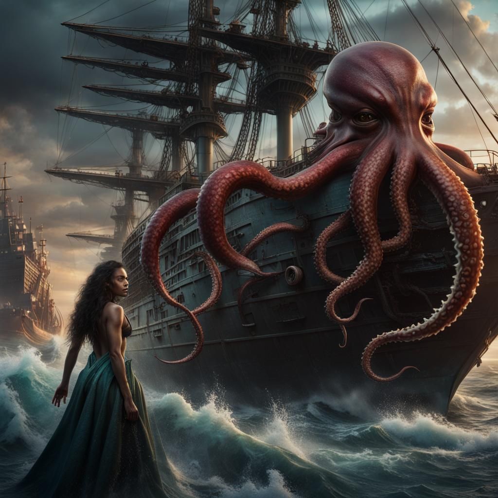 Hyperrealistic Evil Mermaid and Giant Octopus Destruction