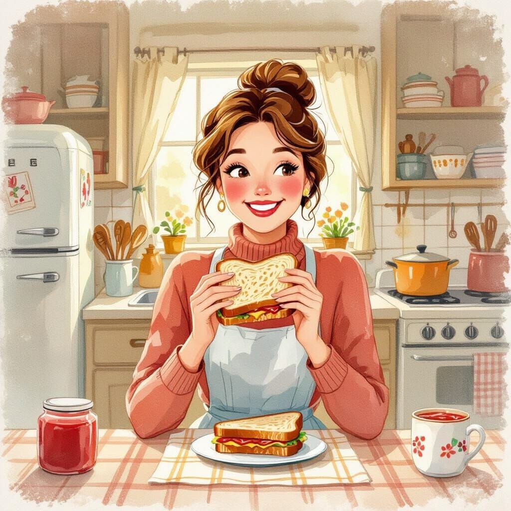 Woman Enjoys Sandwich in Kitchen as Watercolor Illustration