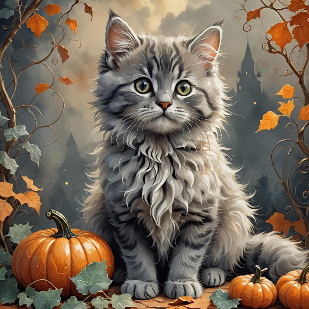 Fluffy Kitten and Pumpkin: Whimsical Digital Painting