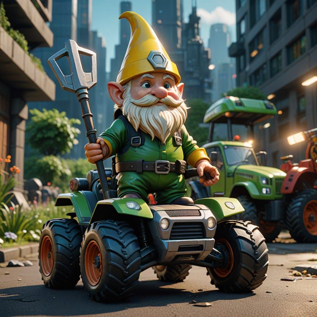 Gnome Standing Heroically on Futuristic Tractor