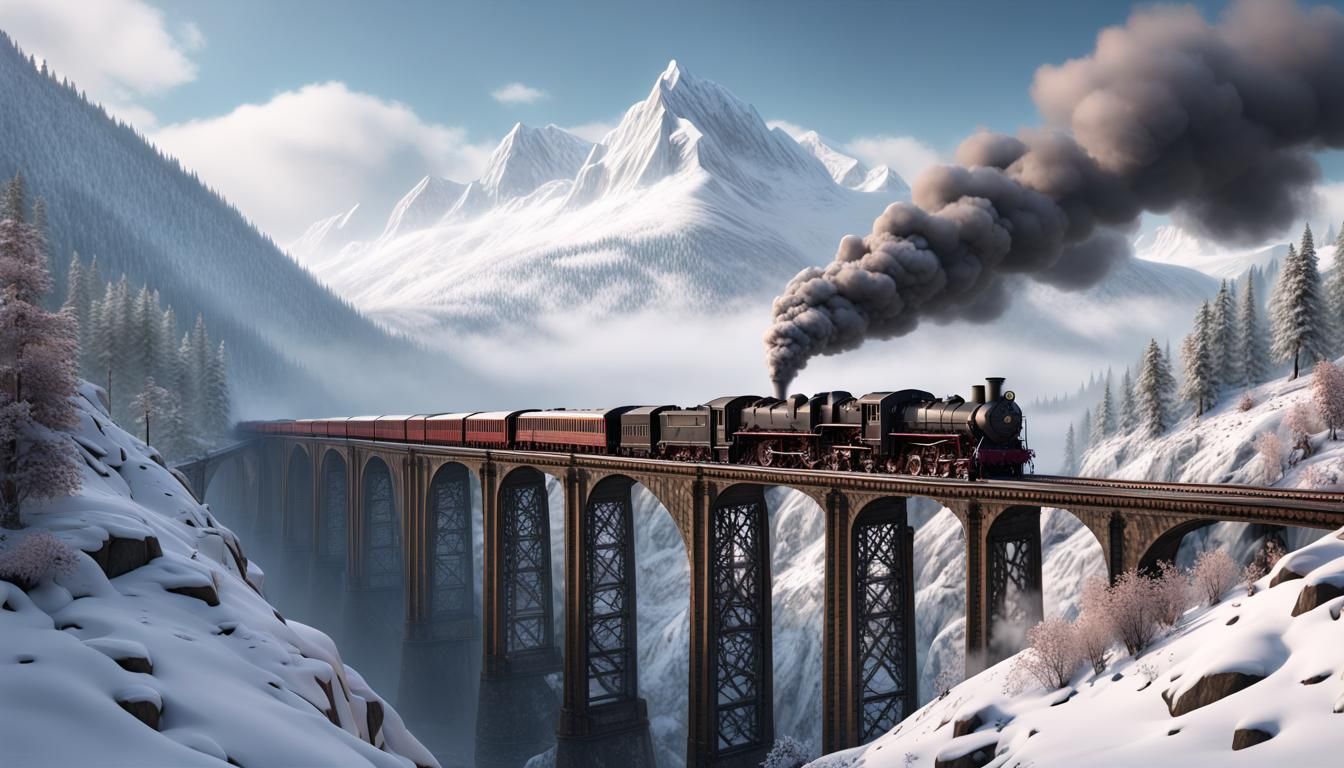 Neo-Gothic Steam Locomotive in Snowy Mountains