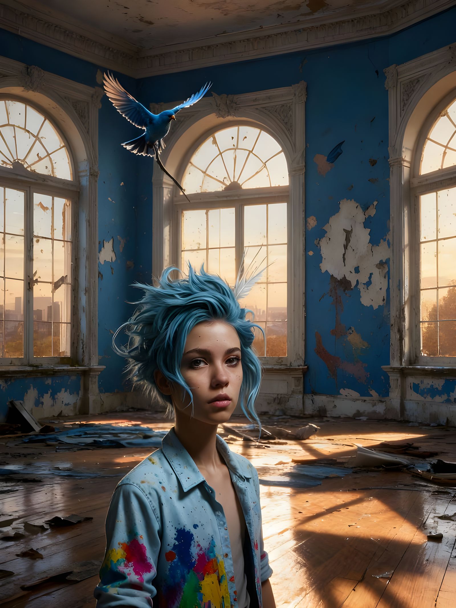 Woman Standing Full Body With Bird In Detailed Interior