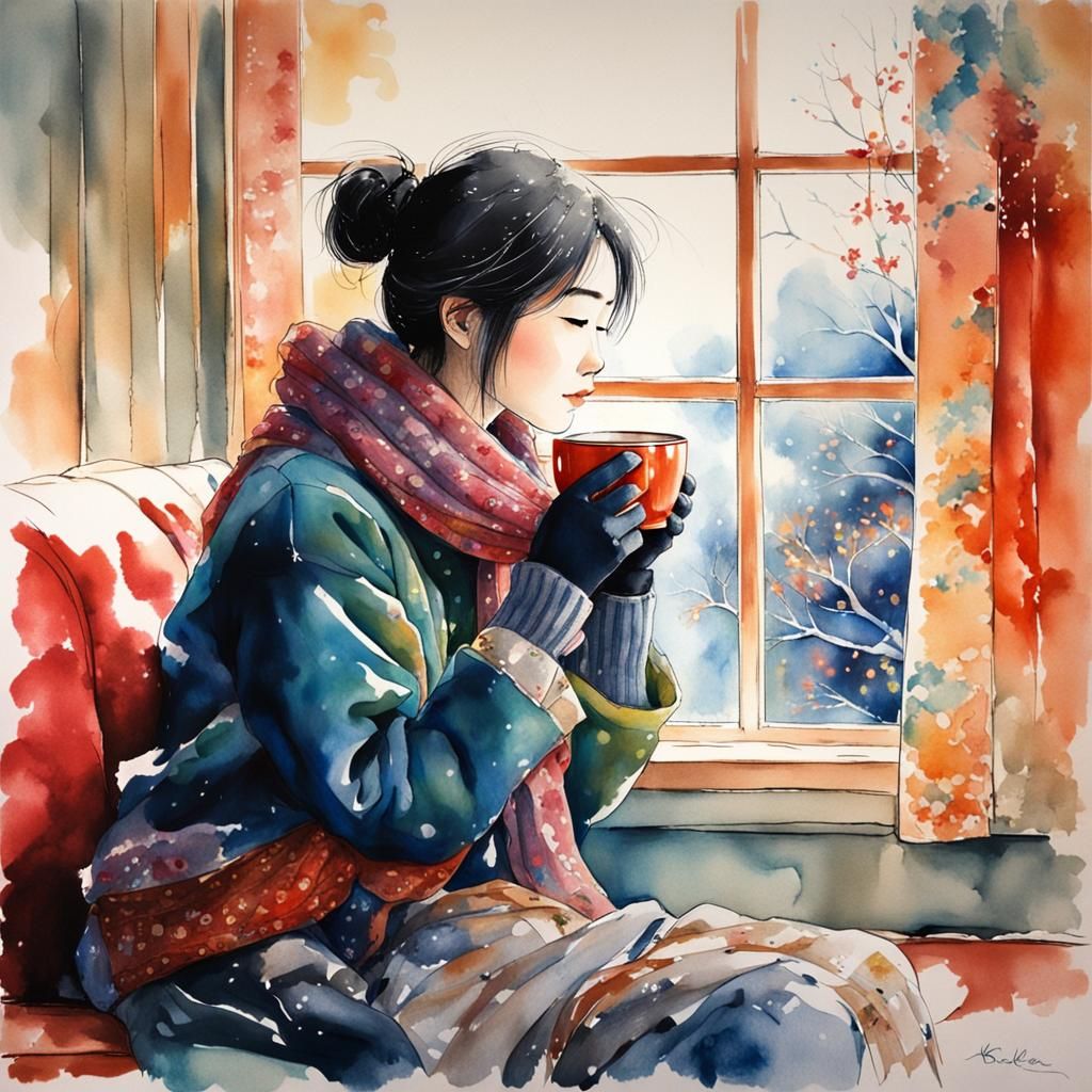 Japanese Girl Sipping Coffee, Watercolor Art