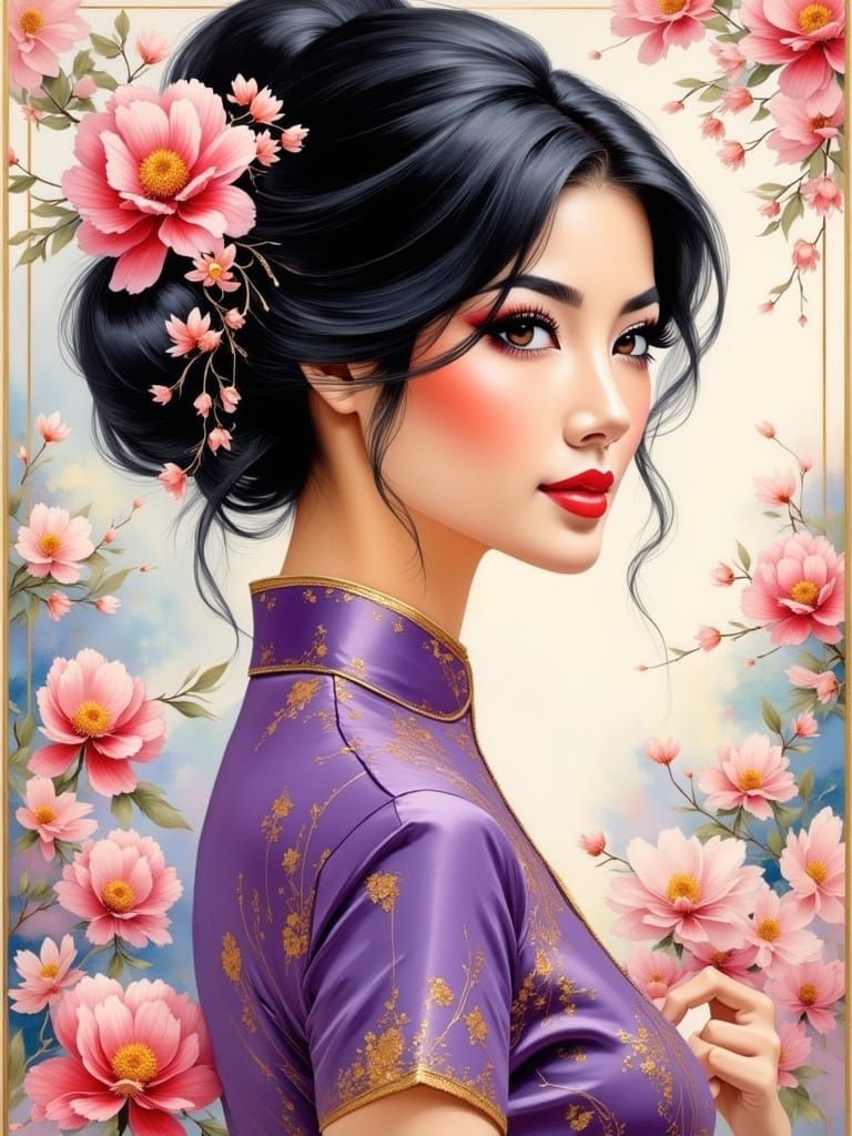 Elegant Asian Woman in Whimsical Florals