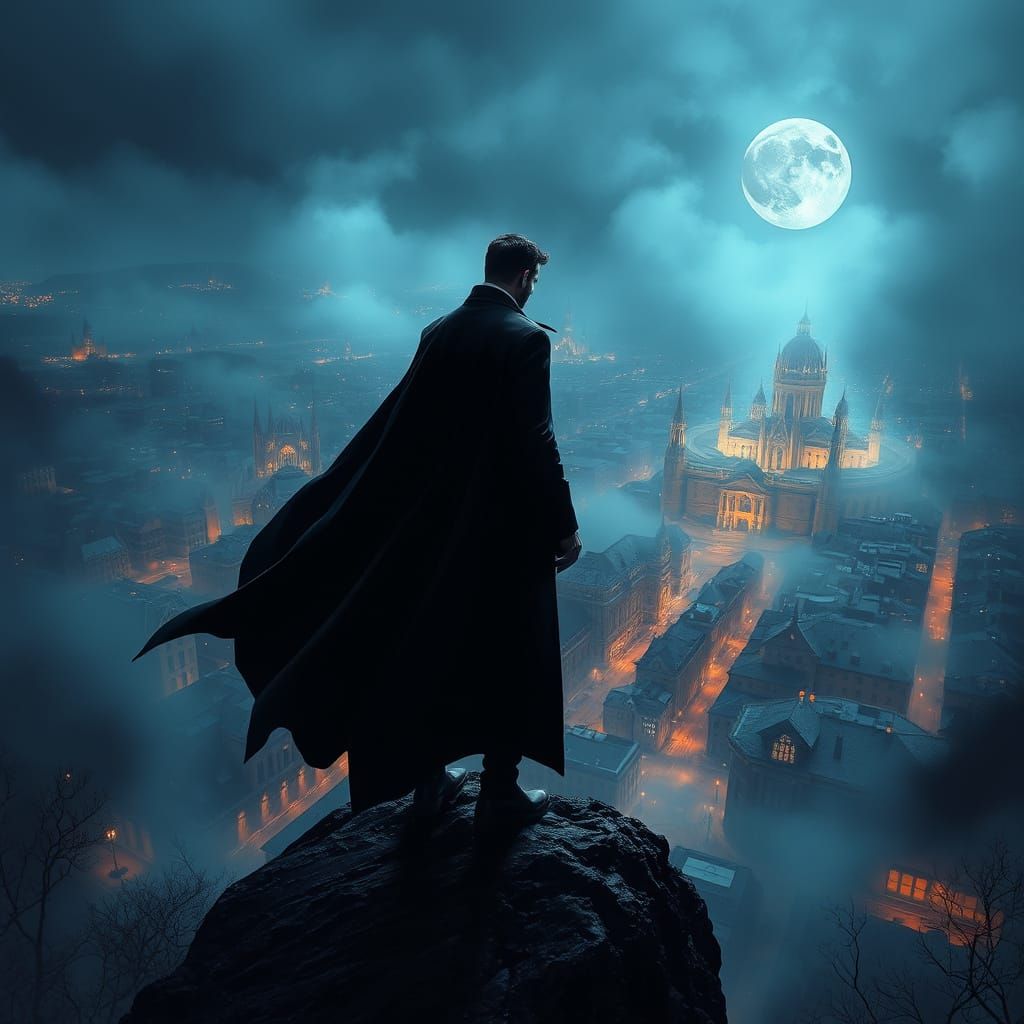 Ethereal Vampire Overlooks Gothic Metropolis at Dusk