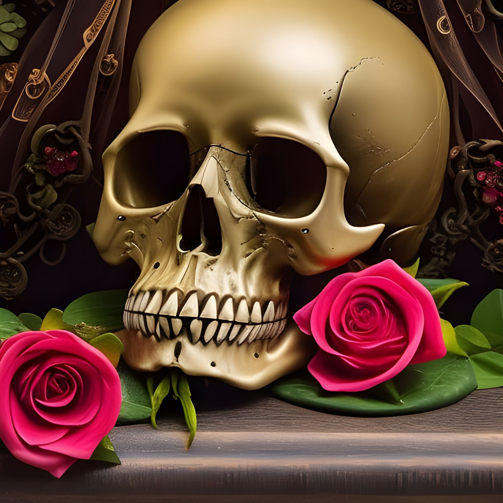 Gothic Still Life: Skull, Rose, Raven, and Book