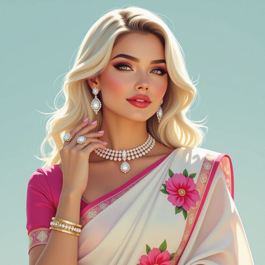 Diamond-Adorned Woman in Saree, Syd Mead Style