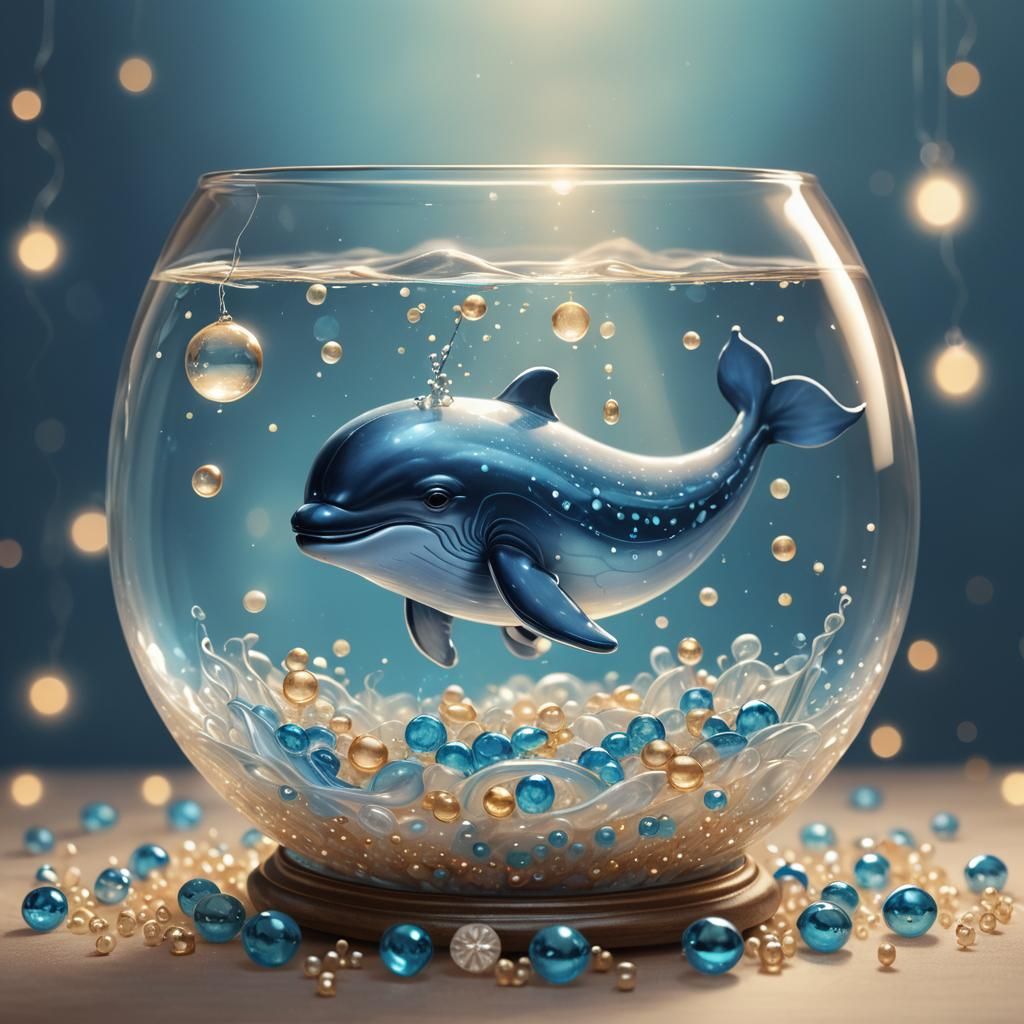 Miniature Whale in Glowing Fishbowl: Fantasy Illustration