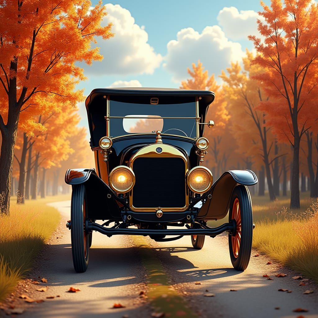 Restored 1910 Ford Model T in Autumn Landscape