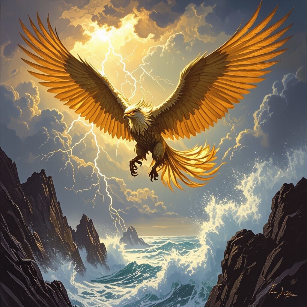 Griffin Soaring Through Stormy Sky in Fantasy Art
