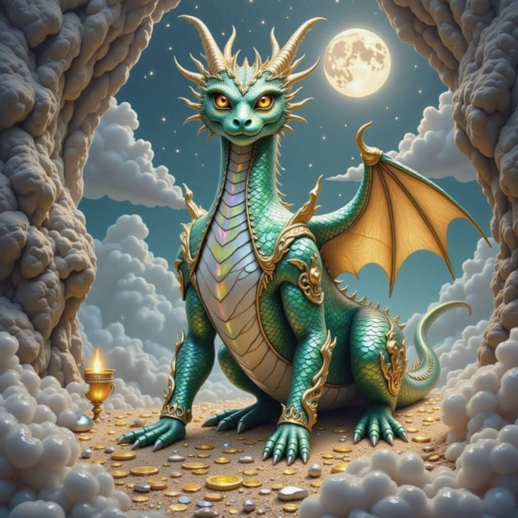 Teal Opalescent Dragon Guarding Treasure in Cave
