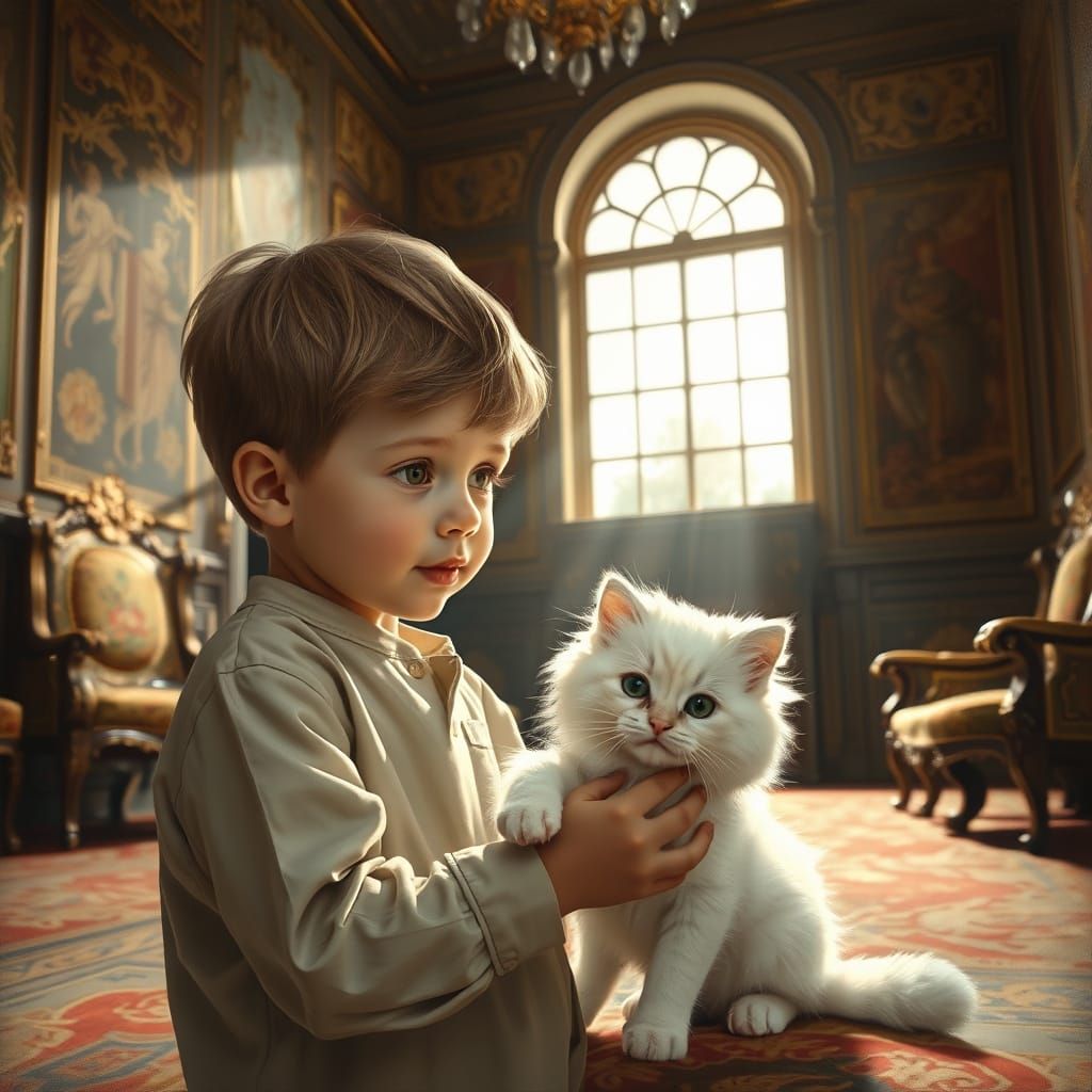 Boy Petting Fluffy Kitten in Royal House Oil Painting