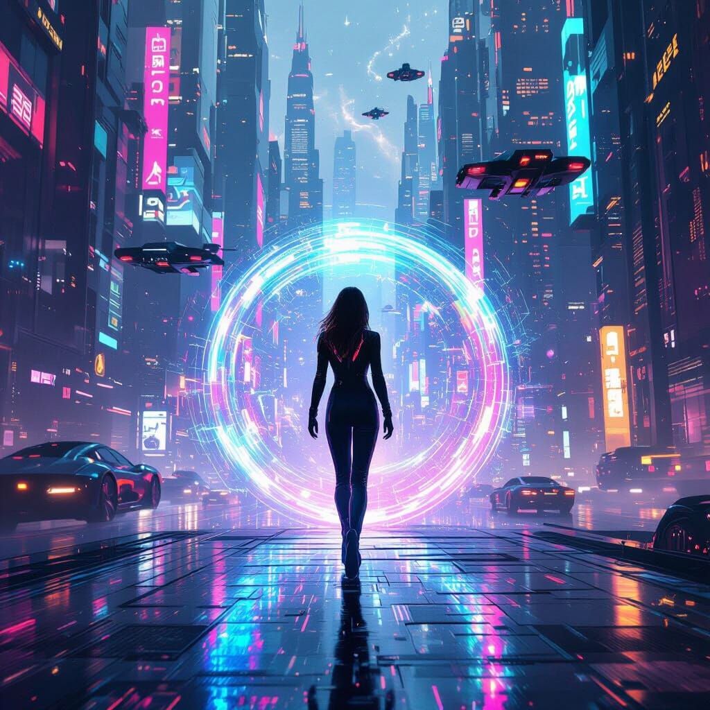 Woman Steps Through Portal in Cyberpunk City