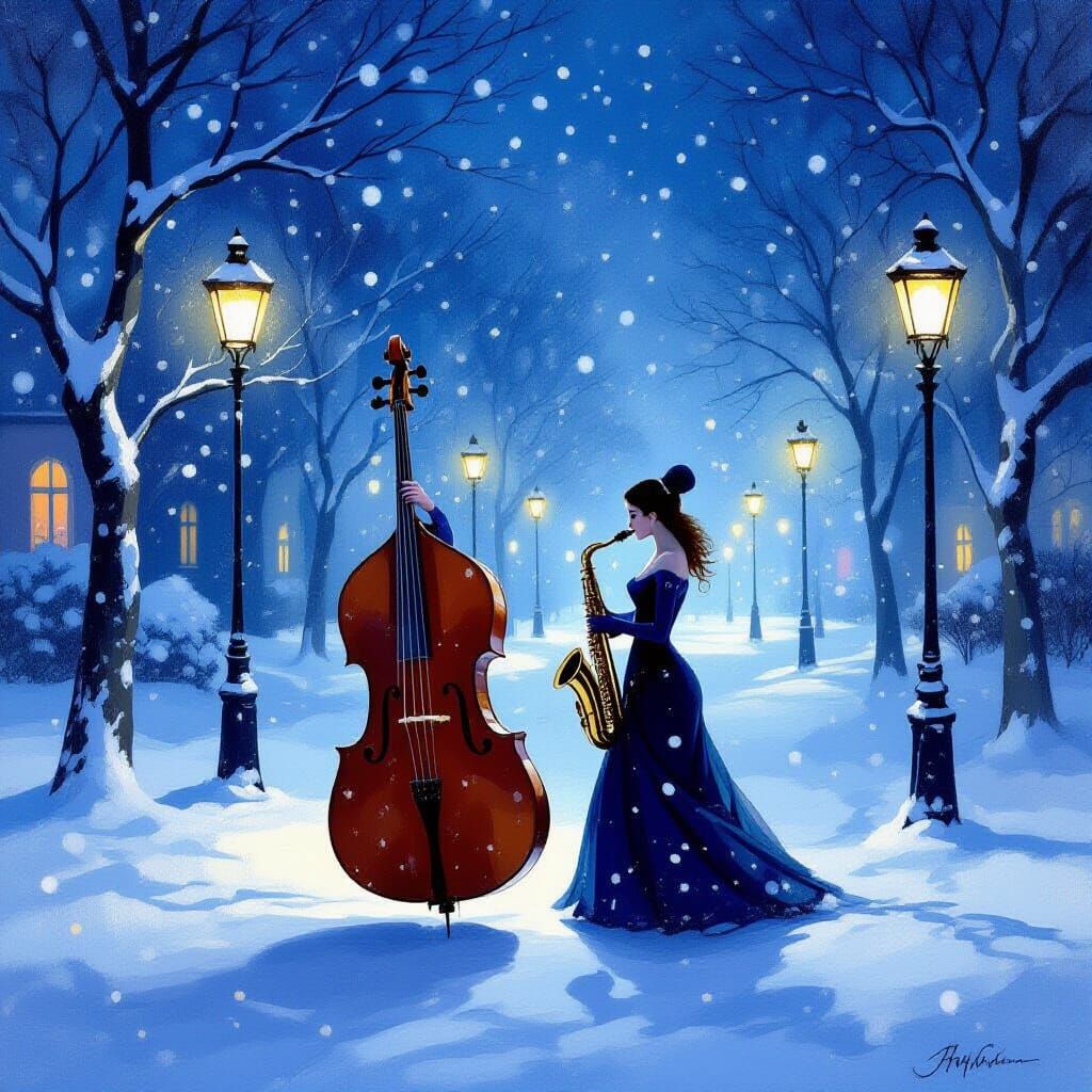 Surreal Cello and Saxophone Dance in Gentle Snowfall