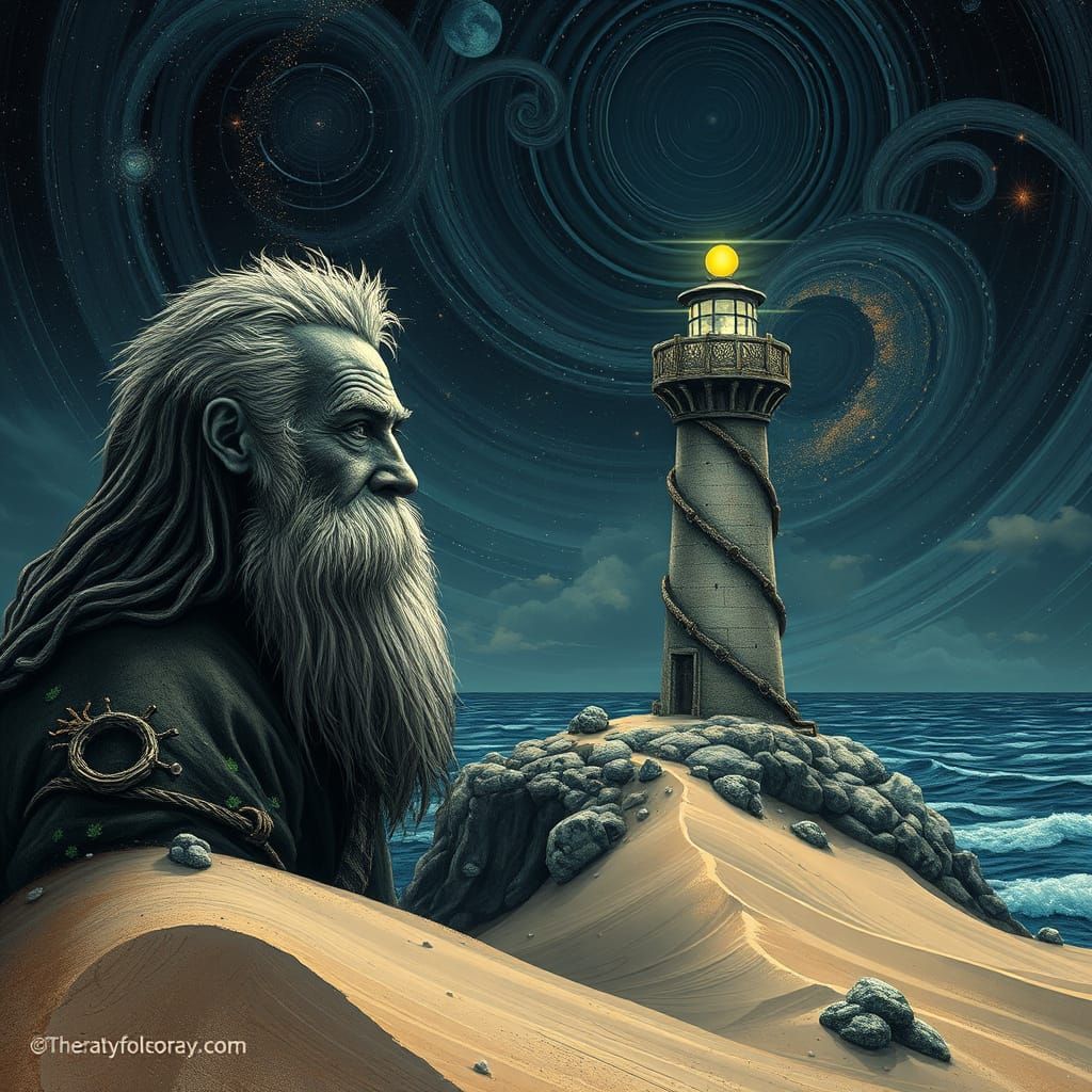 Surreal Lighthouse Keeper in Desolate Landscape