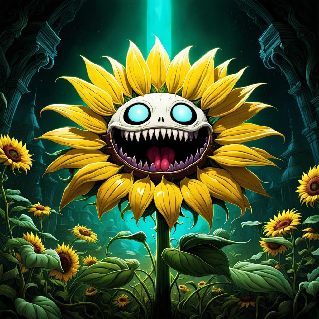 Creepy Carnivorous Sunflower with Demon Face