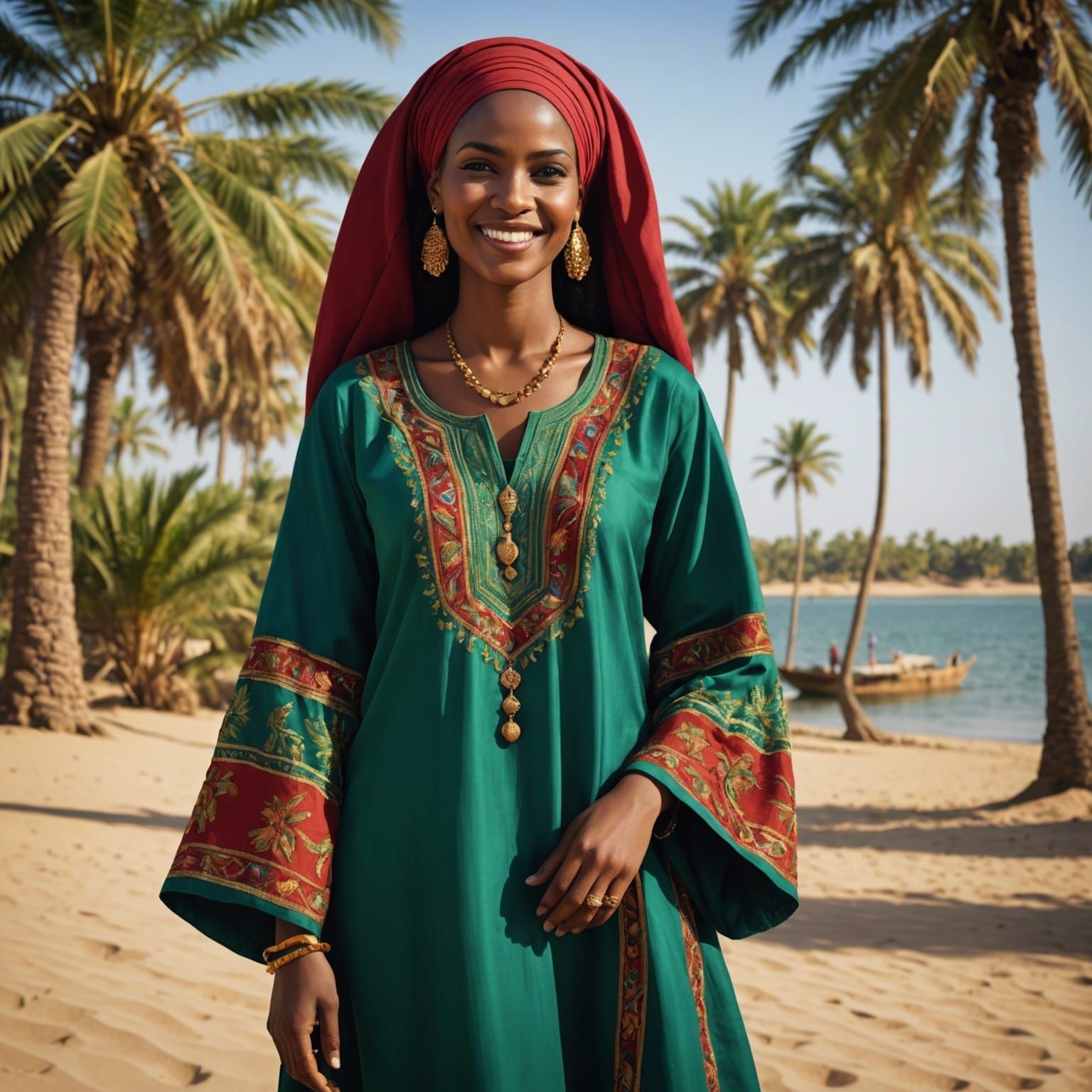 Smiling Sudanese Woman in Traditional Dress by Nile