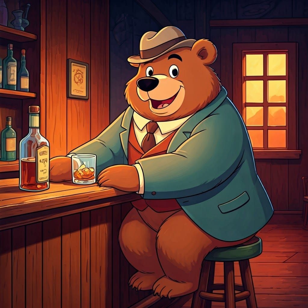 Cartoon Bear Sipping Whisky at a Bar