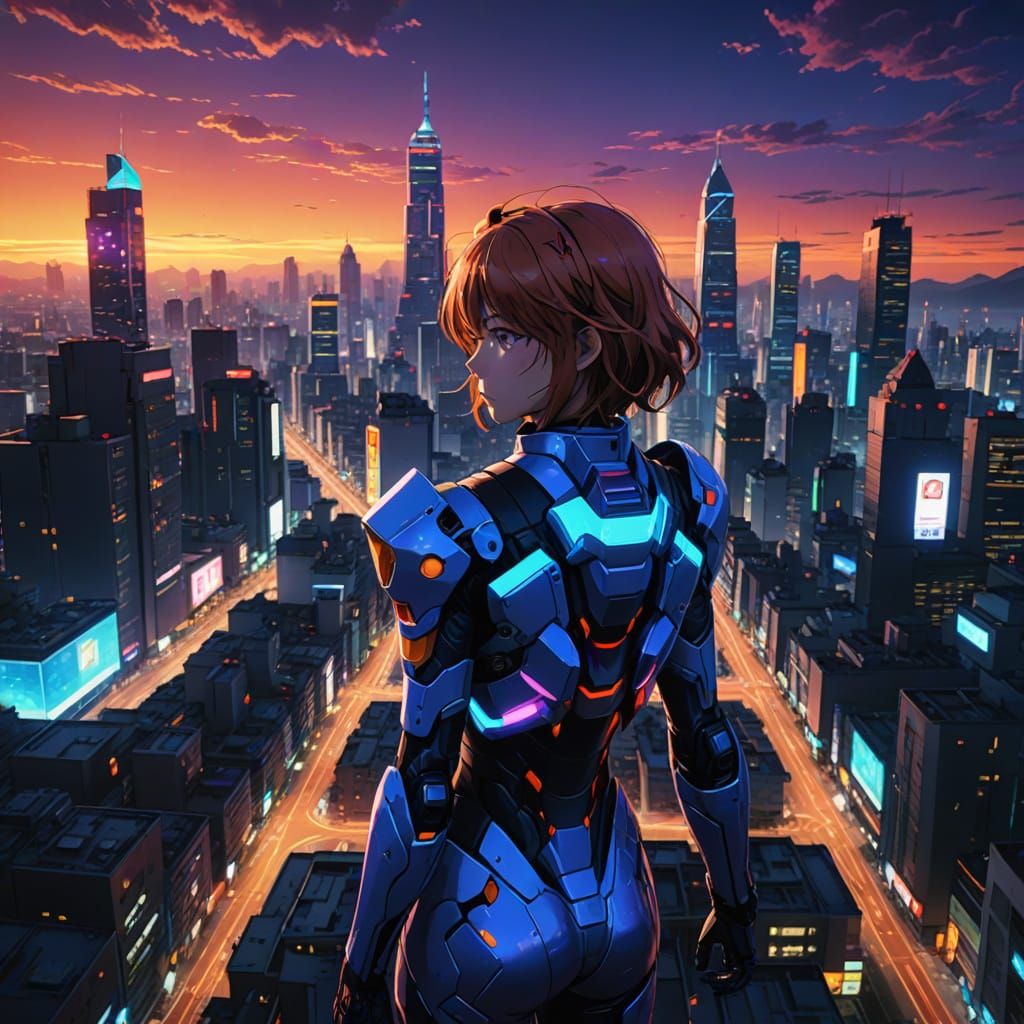 Asuka in Anime Cityscape with A.T. Field