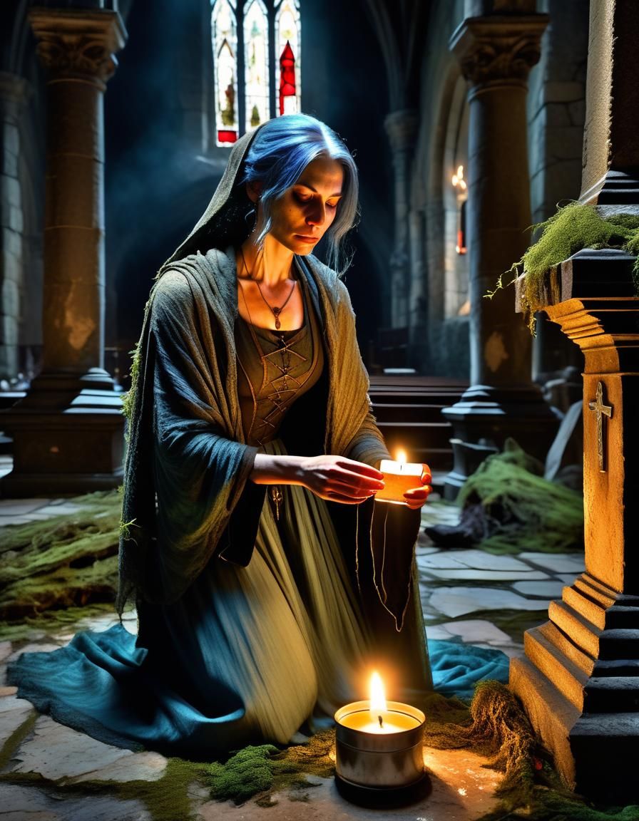 Renaissance Woman Lighting Candle in Dark Cavern