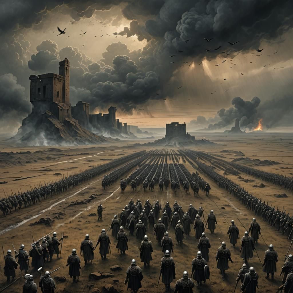 Roman Battlefield Under Drone Swarm in Beksiński Style