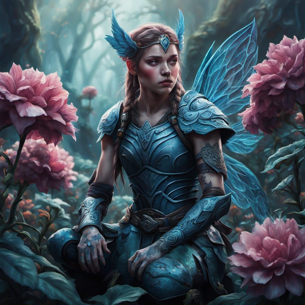 Fae Warrior with Floral Tattoos in Oil Painting Style