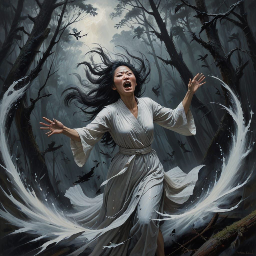 Creepy Asian Banshee Screaming in Dark Forest Oil Painting