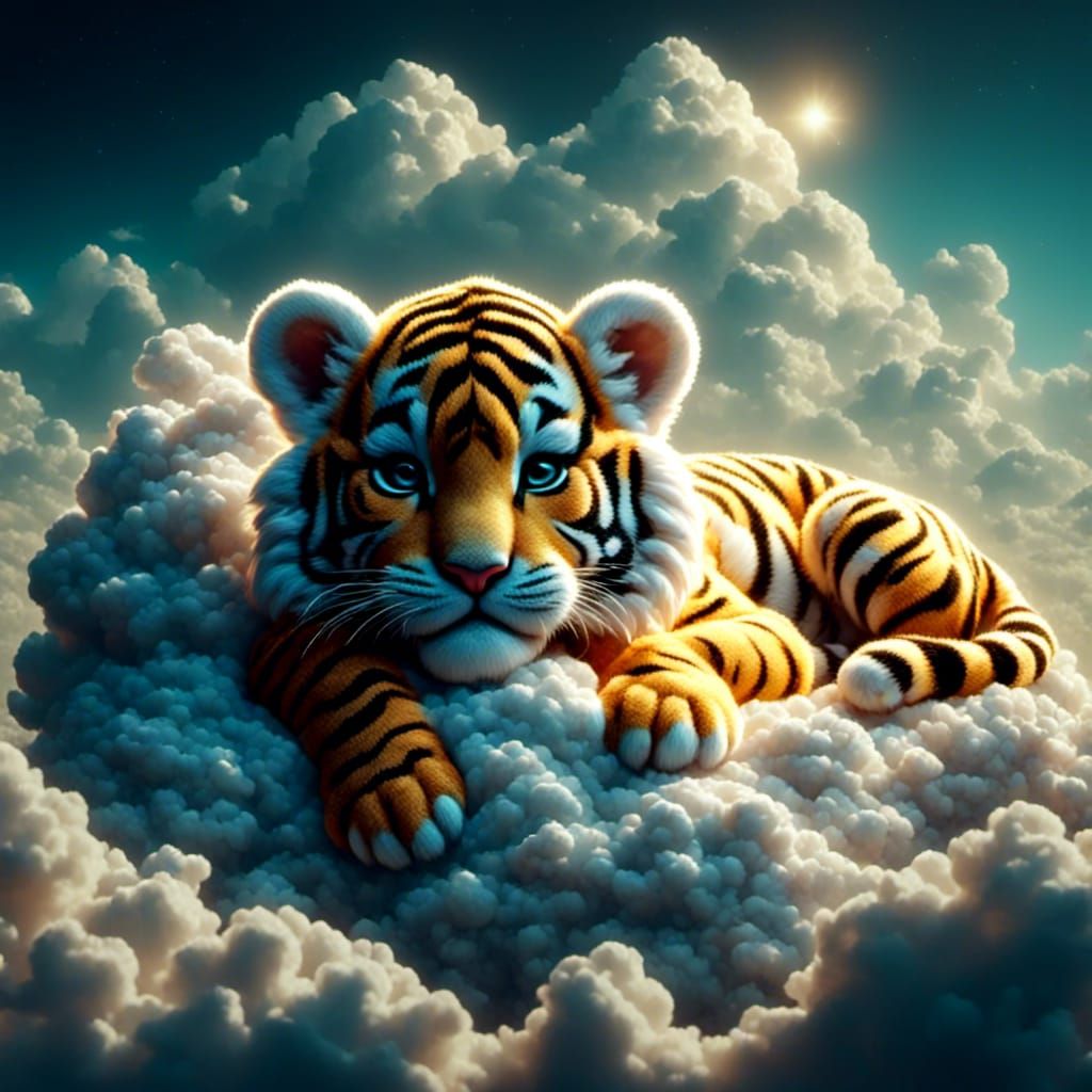 Cloud Tiger Cub Sleeping: Hyperrealistic Cloud Animals