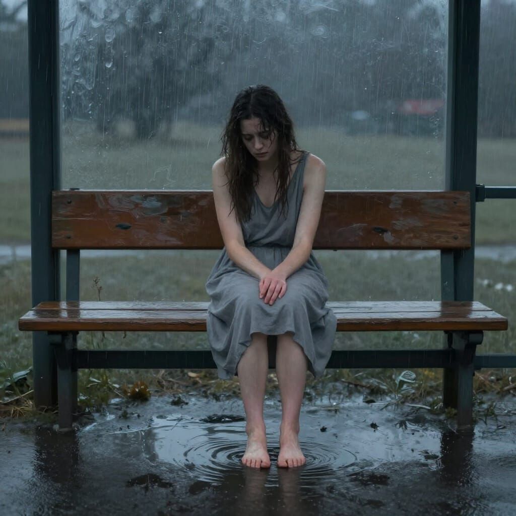 Melancholy Woman Waits at Bus Stop in Rainy Impressionism