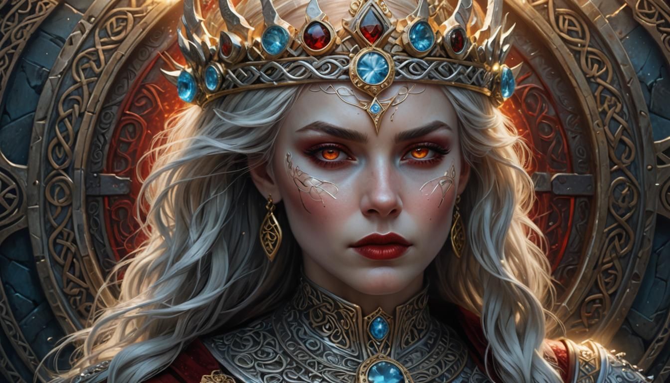 Icy Queen Portrait with Celtic Runes in Dark Academia