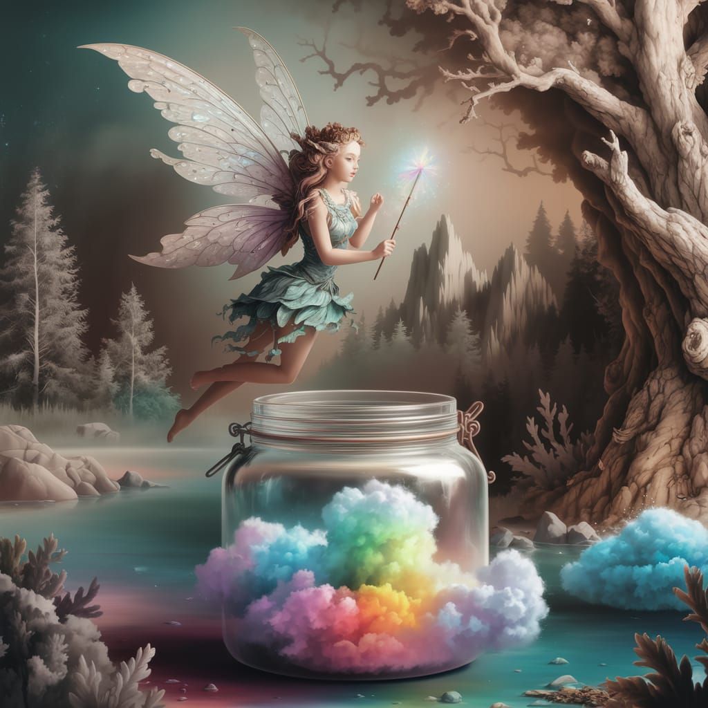 Fairy Creates Rainbow Clouds in Misty Landscape