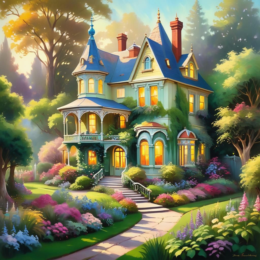 Victorian House in Lush Garden as Oil Painting