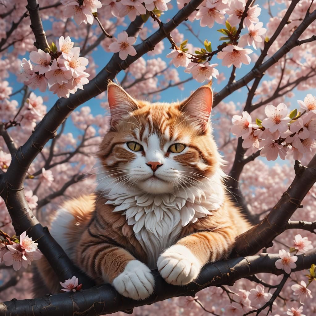 Cat Nap Under Sakura Tree: Realistic Matte Painting