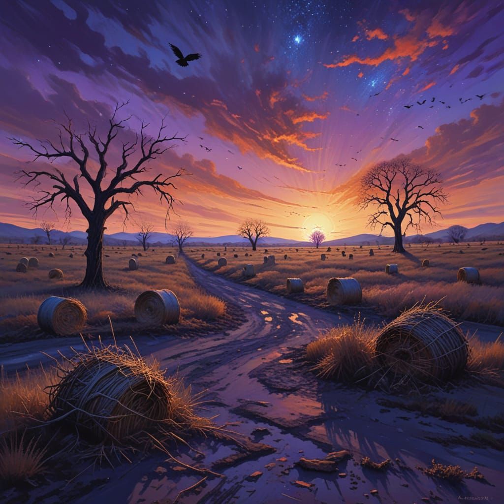 Desolate Landscape in Vibrant Hues, Under a Celestial Canvas