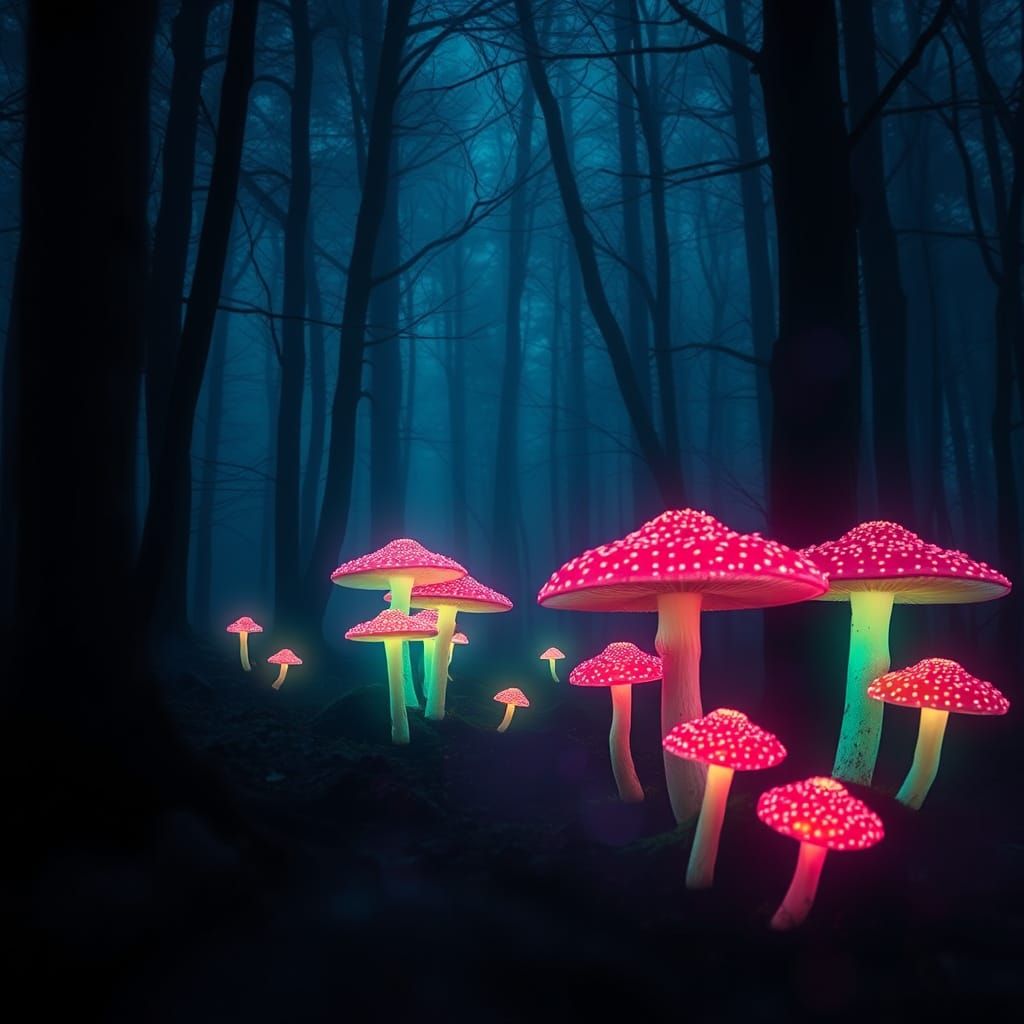 Surreal Neon Fungi in a Misty Forest