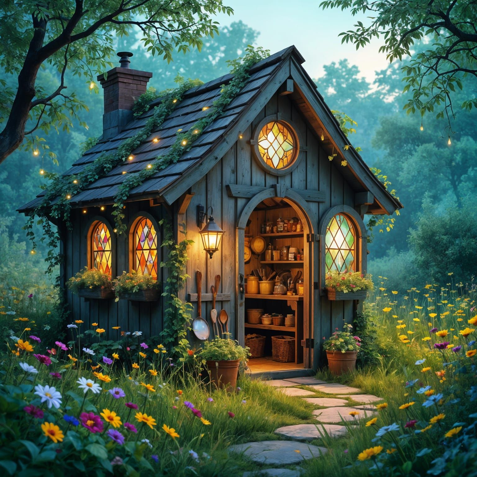 Enchanted Potting Shed in Lush Meadow, Fantasycore Art