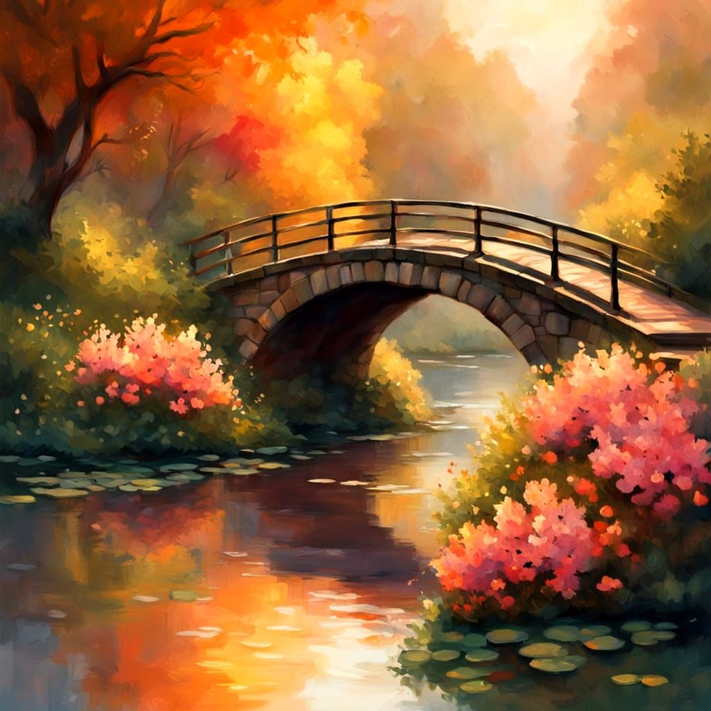 Vibrant Sunset Footbridge Over a River of Reflections