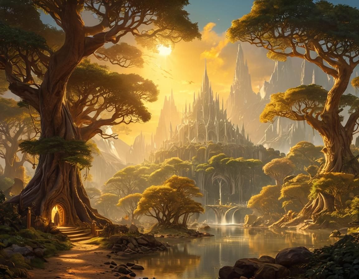 Elven City Among Giant Trees in Golden Sunlight
