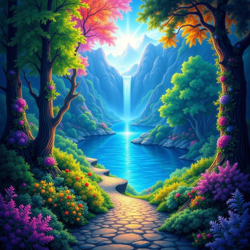 Fantastical Landscape Painting With Bioluminescent Trees