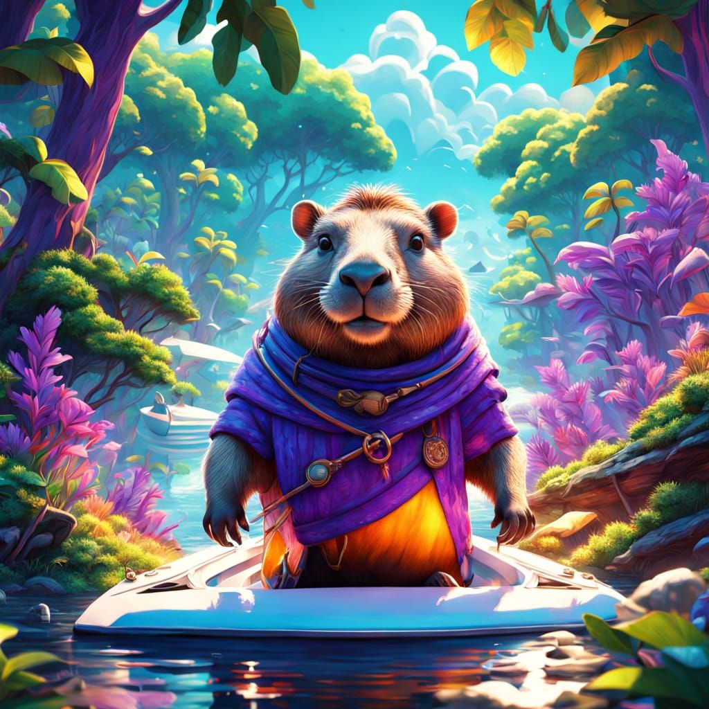 Semi-Realistic 3D Capybara Sails a Vibrant Jungle Sea