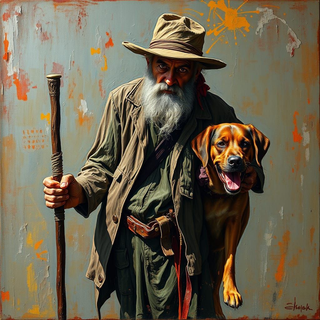 Vagabond and Dog in Textured Impasto Painting